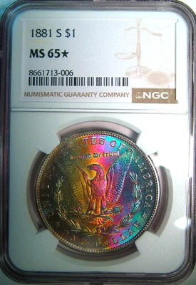 1881-S RAINBOW MORGAN DOLLAR NGC GEM MS65* STAR~ COLORFUL MONSTER RAINBOW TONED* - Image 1 of 4