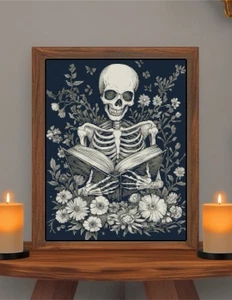 Skeleton Reading w. Flowers Gothic Counted Cross-Stitch Pattern Needlepoint - Picture 1 of 2