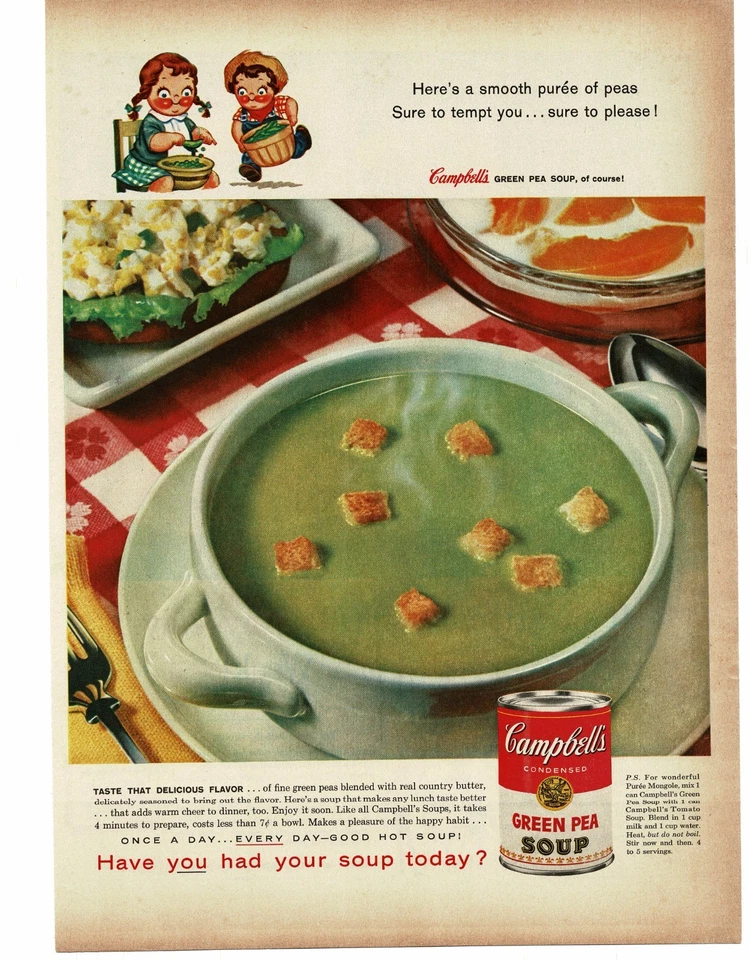 1959 Campbell's Green Pea Soup infantil anúncio com estampa vintage - Imagem 1 de 1