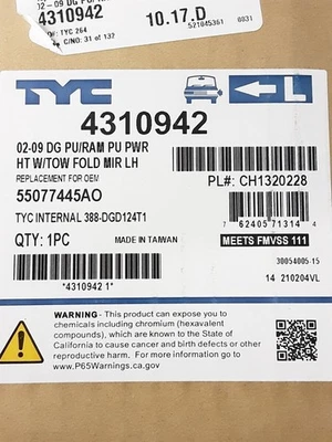 NOVO TYC 4310942 LH Espelho de Reboque Elétrico Aquecido, Dobrável Dodge Ram 3500 05-09 - Imagem 1 de 4