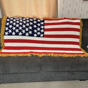 Vintage Handmade American Flag Crocheted Blanket Afghan Throw Gold Trim 62”x36” - Picture 1 of 13