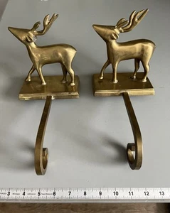 Pair of Brass Stocking Holder Reindeer Deer Hanger Long Arm Heavy Vintage - Picture 1 of 6