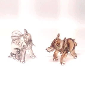 Lot Of 2 Hand Blown Smokey Gray Glass Elephants Trunks Up Figurines Tusks - Picture 1 of 24