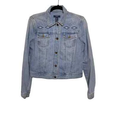 Chaps 复古短卡车司机牛仔夹克刺绣细节领蓝色 M — 第 1/4 张图片