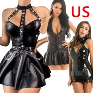 Women's PVC Wet Look Leather Zip Clubwear Sleeveless Dress Lingerie Skirt - Picture 1 of 41
