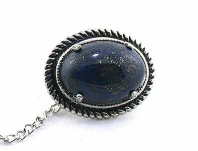 Natural 18x13 Oval Lapis Gem Silver Color Tie Tack With Chain Clutchback T3A22 - Image 1 of 2