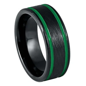 Black IP 8mm Men's Tungsten Carbide Ring Ice Finish Two Green Lines - Picture 1 of 4