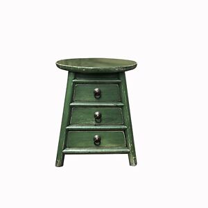 Chinese Distressed Light Green Round Top Drawers Wood Stool Table ws3053