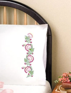 Stamped Embroidery ~ Pink Floral Fan PILLOWCASE PAIR #T232154 - Picture 1 of 5