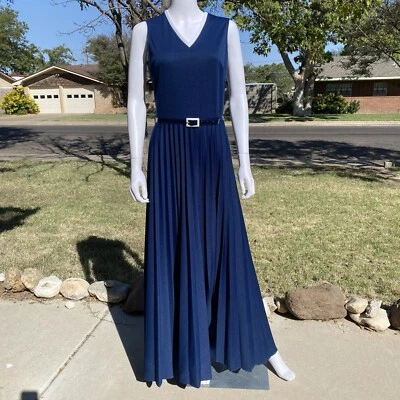 Años 70 Sunshine Alley Sin Mangas Cuello en V Plisado Columpio Completo Maxi Falda Etiqueta 14 Cinturón Foto 1 de 4