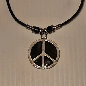 BLACK PEACE SIGN Pewter Pendant Charm / ROPE NECKLACE WITH COLOR BEADS - Picture 1 of 16