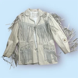 Vintage Cream Scully Leather Suede Fringe Jacket Native American Beaded Size 40 - Picture 1 of 6