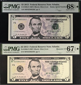 2013 $5 FRN Atlanta PMG 68EPQ* -Radar/Repeater Serial Number 62588526 & 62586258 - Picture 1 of 5