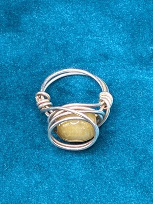 Wire Wrapped Sterling Silver Ring Green Glass Bead Bohemian Tested Size 4 1/2 - Image 1 of 4