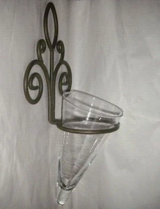 GOTHIC 5/16" IRON HOLY WATER SCONCE MAUSOLEUM VASE 10" GLASS FUNNEL BROWN 18.50" - Picture 1 of 5
