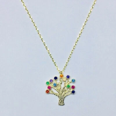 Collar de árbol de la suerte de piedras multicolores de lujo de oro de 14k con circonitas cúbicas Foto 1 de 4