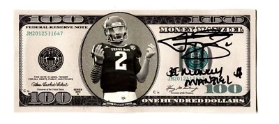 Billete de $100 personalizado automático firmado por Johnny Manziel "dinero" Insc Beckett Witness certificado de autenticidad BAS Foto 1 de 3