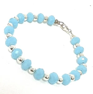Bracelet With 925 Pure Silver Balls And Blue Aquamarine Beads - Picture 1 of 1