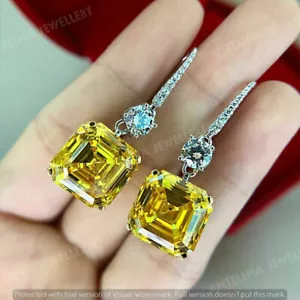 4.00Ct Asscher Cut Citrine Diamond Drop/Dangle Earrings 14K White Gold Finish - Picture 1 of 6