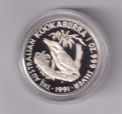 AUSTRALIAN: 1991 $5 KOOKABURRA  1oz  .999 SILVER COIN IN CAPSULE #PL1775 - Image 1 of 2