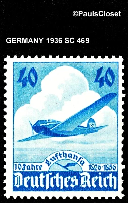 GERMANY 1936 SC 469 10TH ANN. OF LUFTHANSA AIR SVC 40pf SAPPHIRE MNH OG F/VF #2 - Image 1 of 2