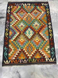 Alfombra Kilim Afgana Hecha a Mano Kilim Multicolor Lana Sala de Estar Azteca 103x143cm - Imagen 1 de 3