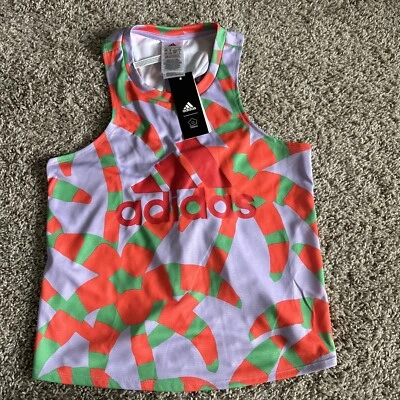 Adidas X Farm Rio Tanque Púrpura Naranja Y Verde Palmeras Talla Pequeña Espalda Dividida Foto 1 de 4