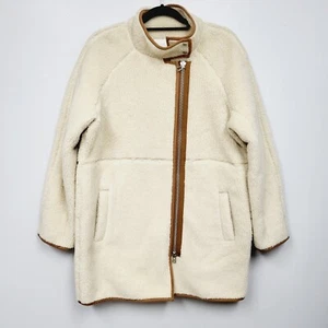 Madewell Women Sherpa Jacket sz L cocoon Coat Cream Brown Teddy Long Zip Colar - Picture 1 of 9