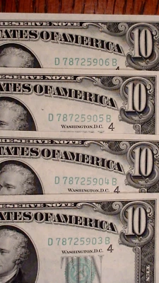 4 CONSECUTIVE 1950B TEN DOLLAR CRISP UNCIRCULATED FEDERAL RESERVE $10.00 BILLS! - Image 1 of 4