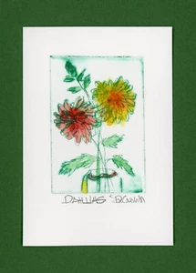 DAHLIAS Garden Flowers. Original Botanical Watercolor ETCHING signed - Picture 1 of 1