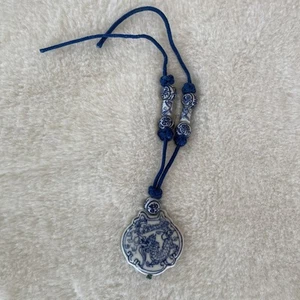 Vintage Chinese Porcelain Dragon Necklace Blue White Asian - Picture 1 of 2