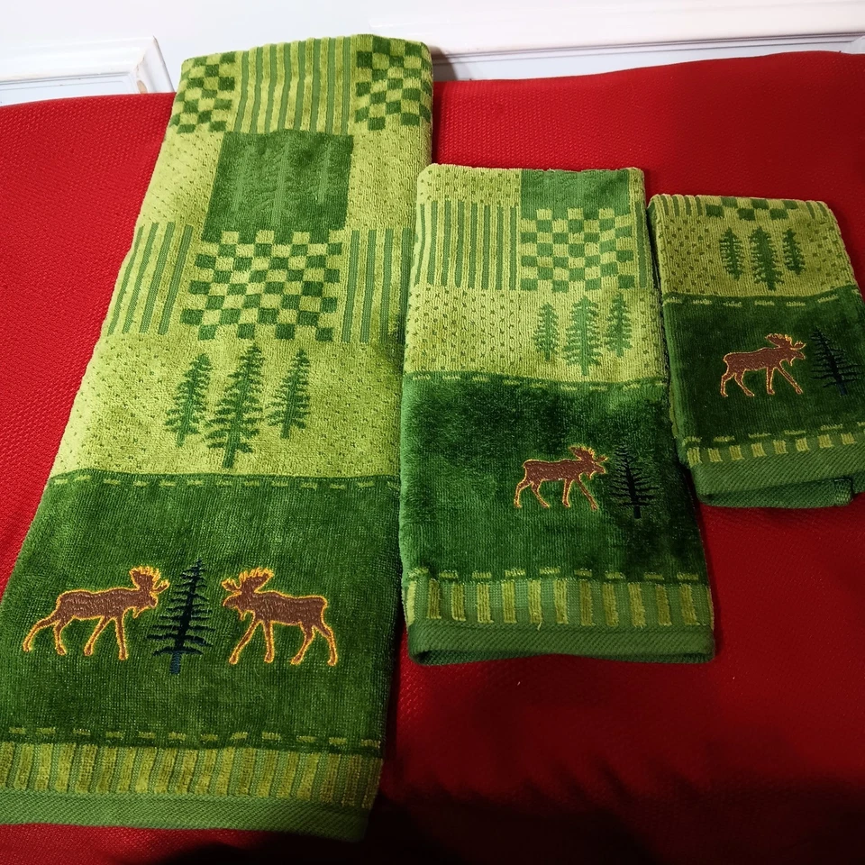 Набор из 3 100% хлопковых полотенец Wish For Joy Christmas Moose Bath зеленая шахматная доска - Изображение 1 из 4