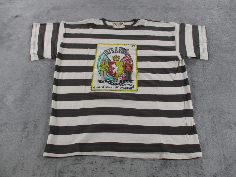 Vintage Ultra Pink Shirt Womens XL Black White Striped Crest Graphic 80s - Image 1 of 4