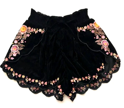 American Eagle Outfitters Black velvet Shorts M Pink Floral Embroidered Fairy - Image 1 of 4