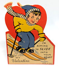 Vtg 1930's Skiing Snow Boy Slide Into Your Heart Used Greeting Card (EB7471)
