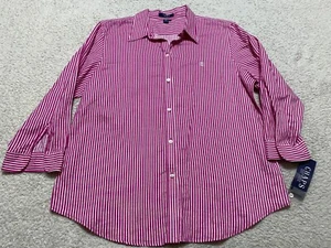 NWT Chaps Womens XL Shirt Pink Striped 3/4 Sleeve Button Up Linen Blend New - Picture 1 of 11