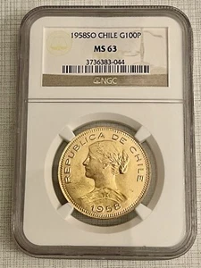 Chile 1958 SO 100 Pesos Gold NGC MS63 SKU#3669 - Picture 1 of 2
