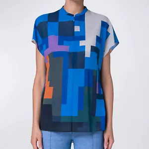 Akris Blue Flowers At Home Print Zip Top Tunic Blouse Cotton Pixel Colorblock 12 - Picture 1 of 16