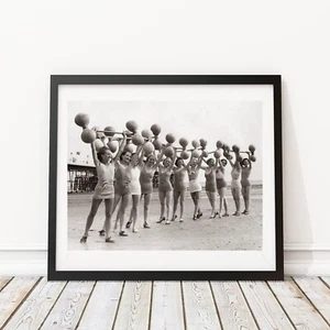 Vintage Photo - 1930's Fitness Women lifting Weights on Beach Photography Print - Picture 1 of 1