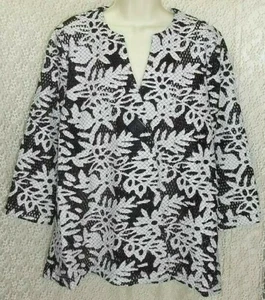 ALI MILES 3/4 Sleeve Floral 1-button Jacket Shirt/Top Sz Large L Black w/White - Picture 1 of 9