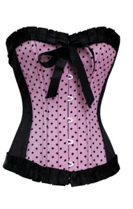 Corsé Gótico Lolita Victoriano Acero Pesado Deshuesado Rosa Negro Lunares Lazo 2XL - Imagen 1 de 3
