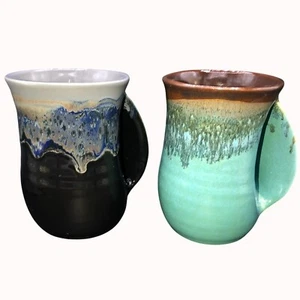 Set Of 2 Signed 2020 Neher Right-Handed Handwarmer Pottery Mugs Drip Glaze Grey - Picture 1 of 16