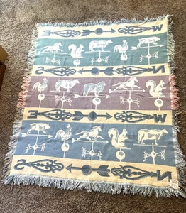 Vintage Browncrafts Überwurf Decke Farm Wetterfahne Tier gewebt USA Pferd Kuh - Bild 1 von 10