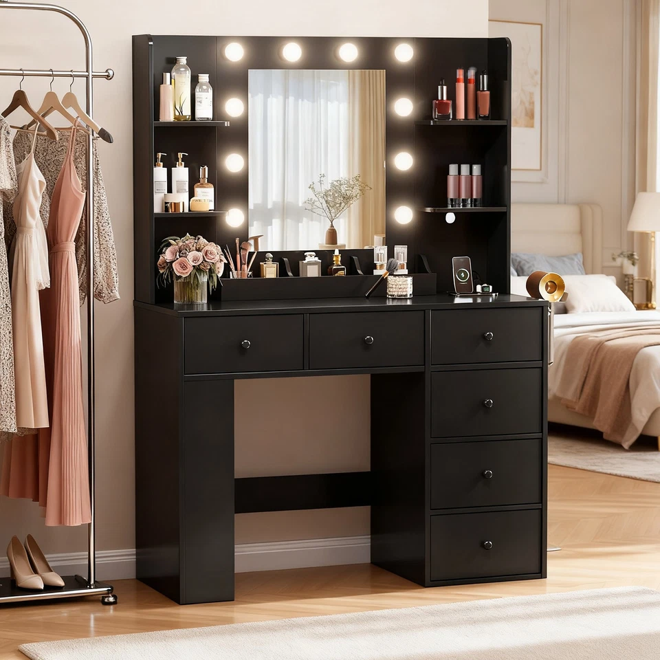 Tocador tocador 7 cajones 10 luces LED espejo puertos de alimentación USB regalo de Navidad Foto 1 de 1