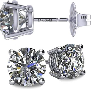 14K Solid Gold Post & Silver Simulated Diamond Stud Earrings-cubic zirconia... - Picture 1 of 6