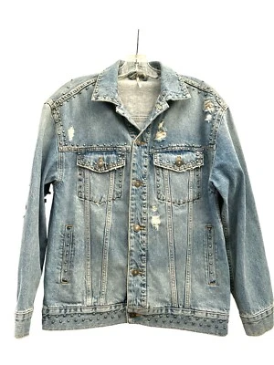 FREE PEOPLE Studded Distressed Denim Trucker Jean Jacket- size Medium - Image 1 of 2