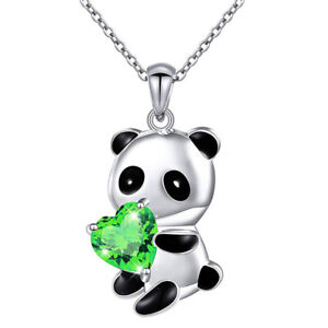 New Heart Shape Green Zircon Panda Bear Charm Necklace Women'S Chain Collar Gift