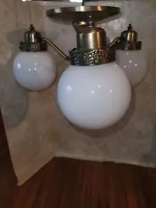 Antike Messing detaillierte 3-armige halbbündige Leuchte Regency 1920er Art Deco - Bild 1 von 12
