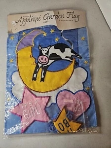 Bandera reversible anuncio de nacimiento bebé niño o niña vaca saltada sobre luna nueva  - Imagen 1 de 7