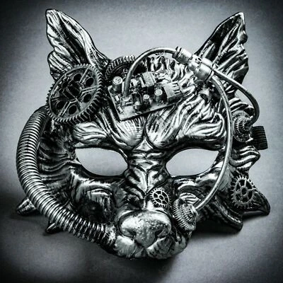 Disfraz de lobo salvaje steampunk plateado disfraz de Halloween mascarada máscara facial completa Foto 1 de 4